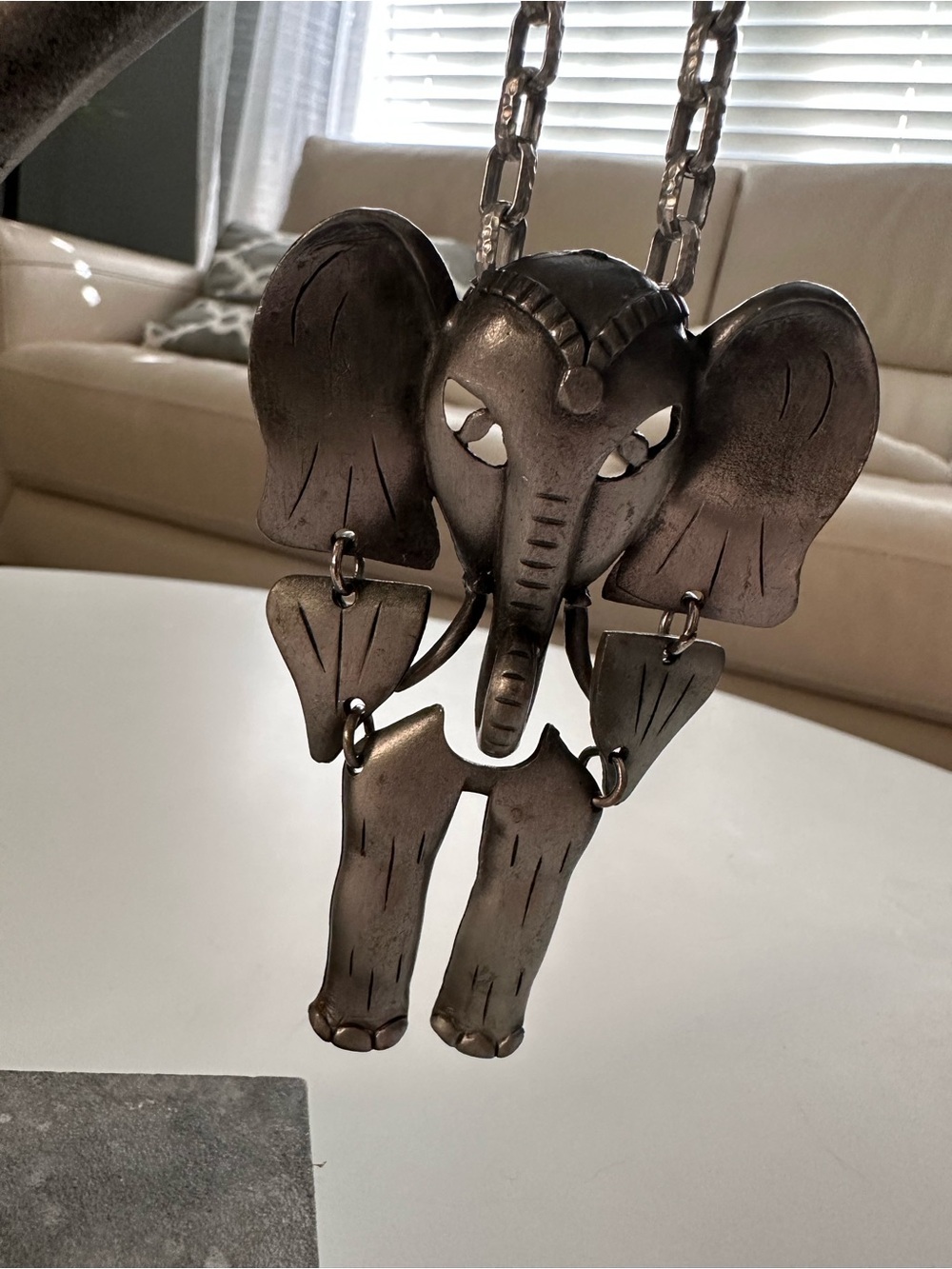 Vintage Unsigned Costume Silver Tone Faux Pewter Elephant Necklace